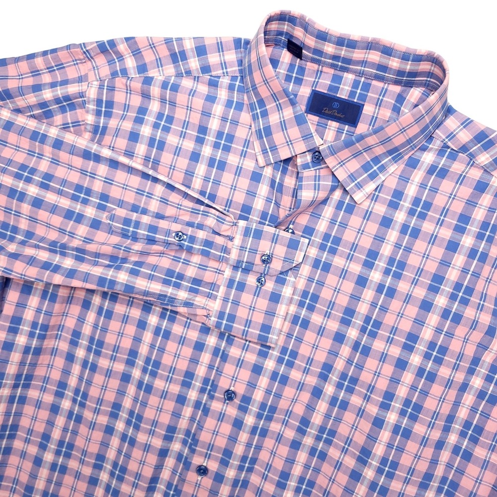 David Donahue Dress Shirt Mens XL Blue Pink Plaid Regular Fit Cotton Long Sleeve